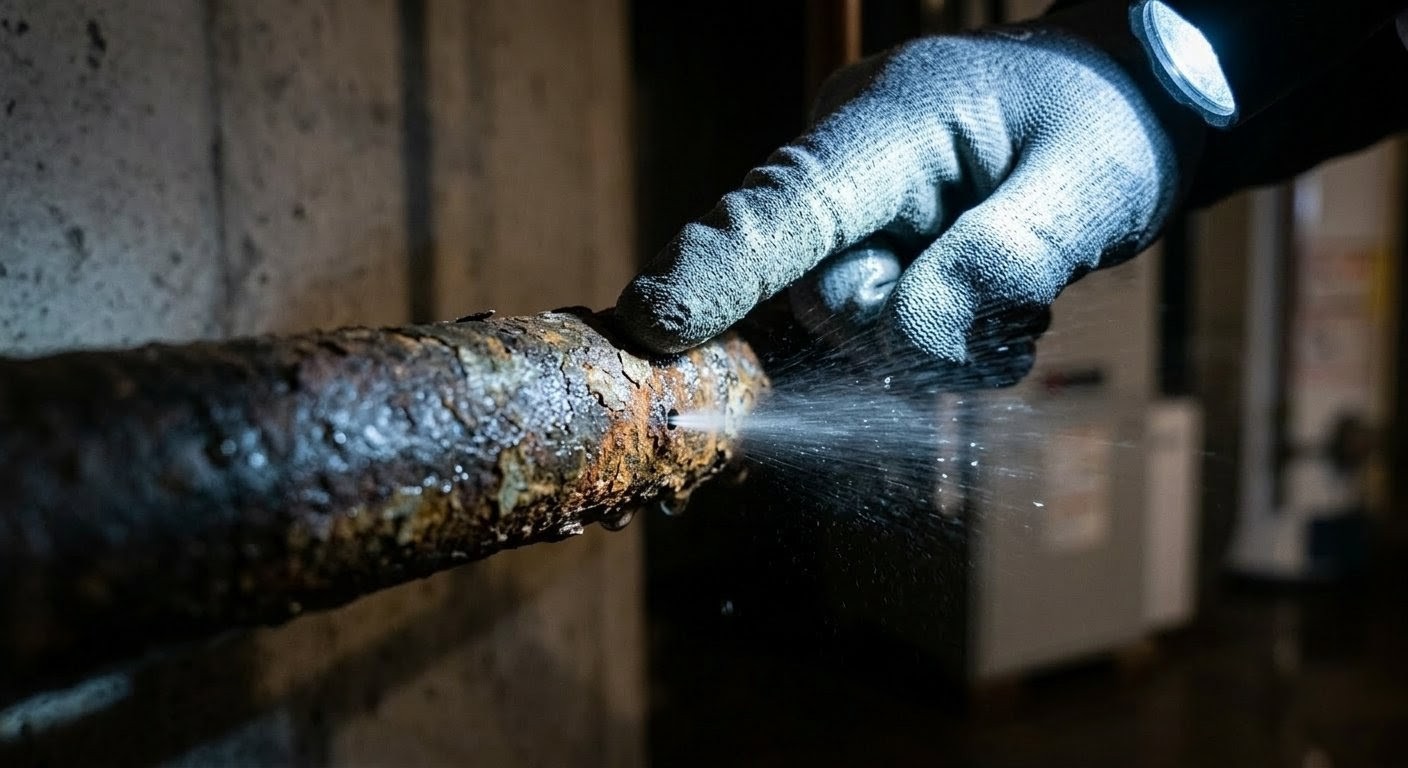 Plumber inspecting corroded pipe with flashlight in basement